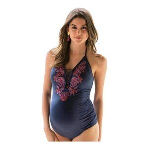 Maternity Navy Blue V-Neck Halter Ruched Swimsuit Size Medium NWT #1029